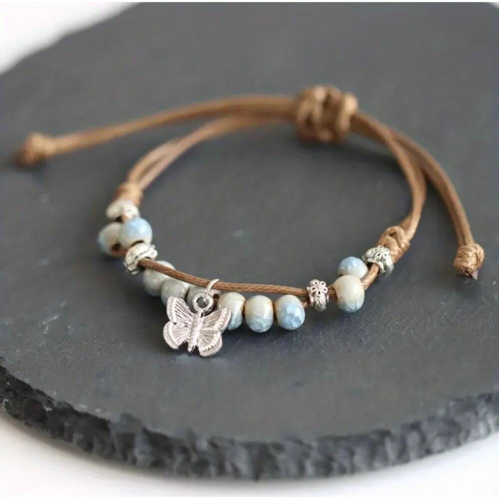 Cute Butterfly Pendant Bracelet, Vintage Style Double Layer Adjustable Bracelet